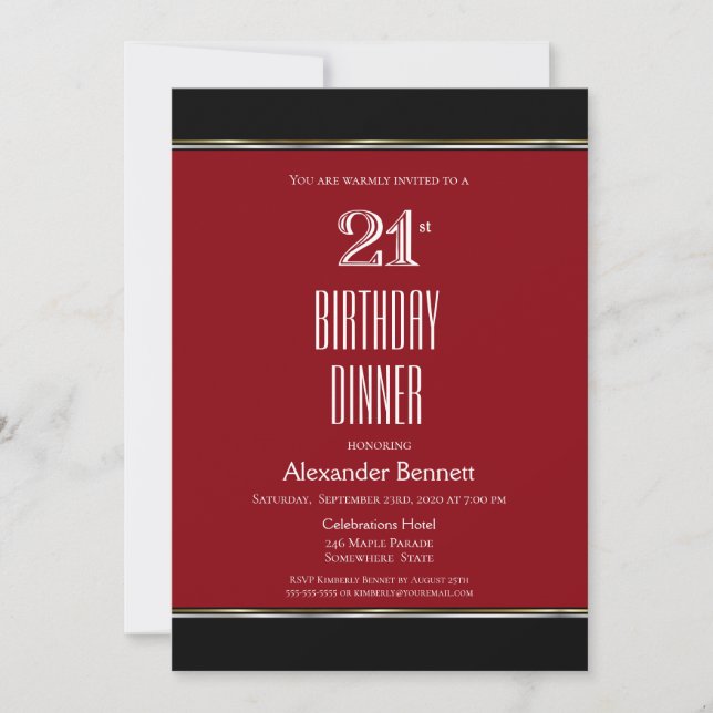 Red Black White 21st Birthday Dinner Party Invitation (Front)