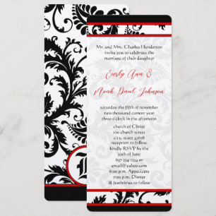 Red Black White 9x4 Damask Unique Wedding Invitation