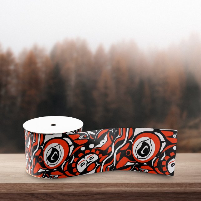 Red Black White Abstract Haida Face Native Art Grosgrain Ribbon (Creator Uploaded)
