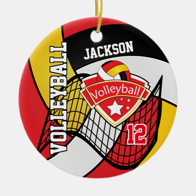 Red, Black, White and Gold Volleyball Ceramic Ornament (Front)