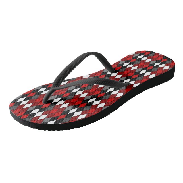 red, black, white and Gray Diamond Pattern Flip Flops (Angled)