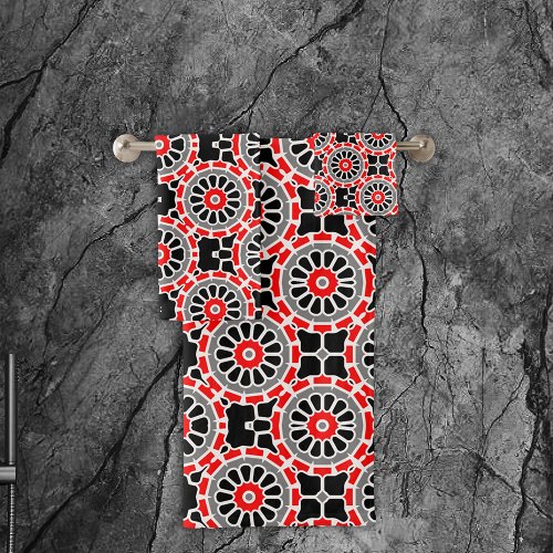Red Black White and Grey Mosaic Geometric Pattern  Bath Towel Set