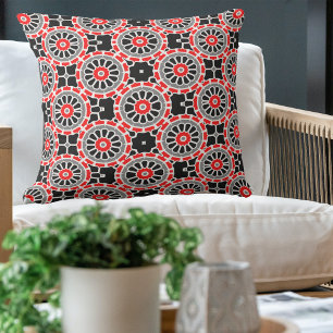 Red Black White and Grey Mosaic Geometric Pattern Outdoor Pillow