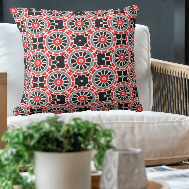 Red Black White and Grey Mosaic Geometric Pattern Outdoor Pillow (Creator Uploaded)