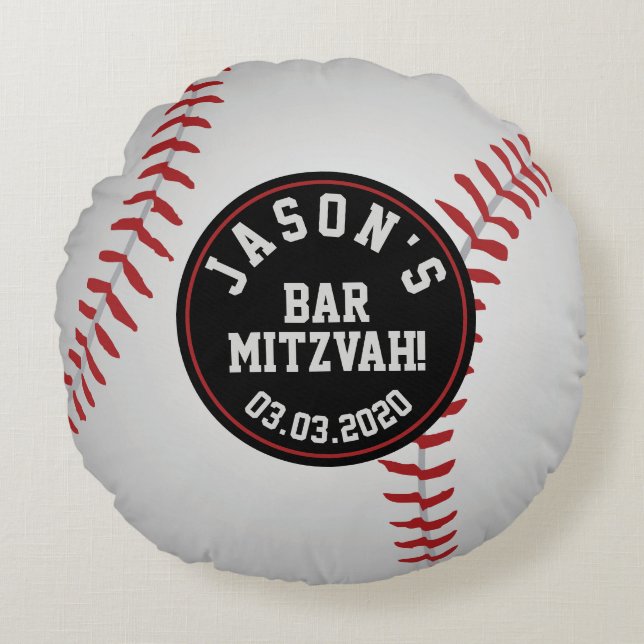 Red Black White Baseball Bar Mitzvah Round Pillow (Front)