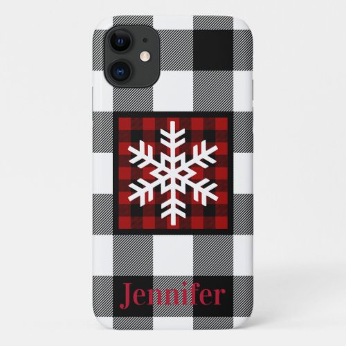 Red Black White Buffalo Plaid Snowflake iPhone 11 Case