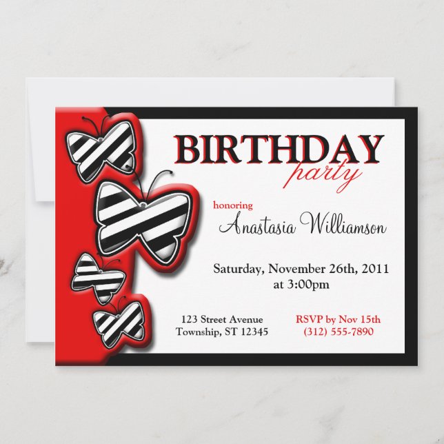 Red Black & White Butterfly Birthday Invitatitions Invitation (Front)