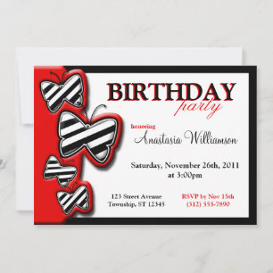 Red Black & White Butterfly Birthday Invitatitions Invitation