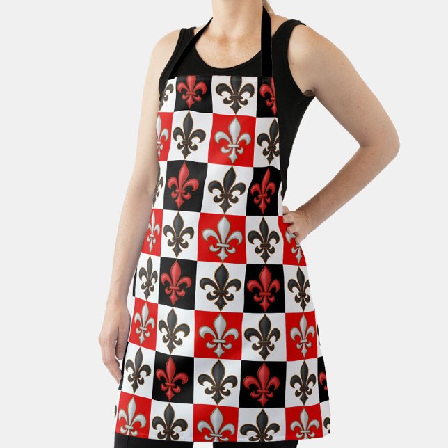 Red Black White Checkered Fleur-de-lis Design  Apron (Creator Uploaded)