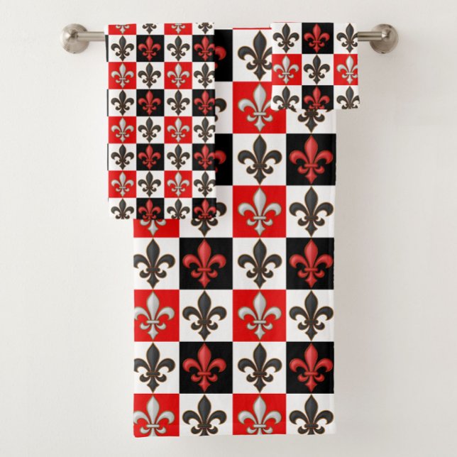 Red Black White Checkered Fleur-de-lis Design  Bath Towel Set (Creator Uploaded)