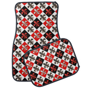 Red Black White Checkered Fleur-de-lis Design Car Floor Mat