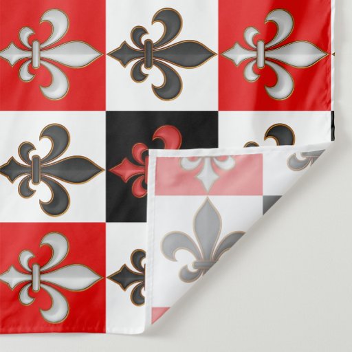 Red Black White Checkered Fleur-de-lis Design  Fabric