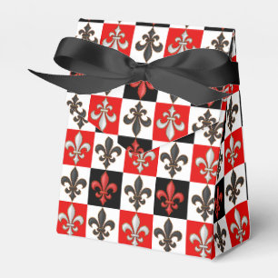 Red Black White Checkered Fleur-de-lis Design Favor Boxes