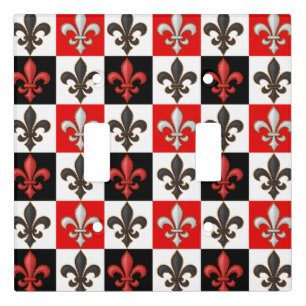 Red Black White Checkered Fleur-de-lis Design Light Switch Cover