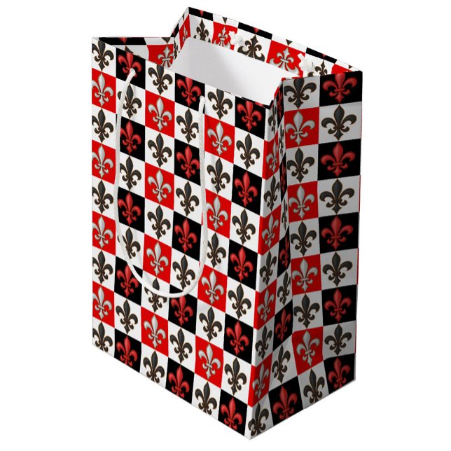 Red Black White Checkered Fleur-de-lis Design  Medium Gift Bag (Creator Uploaded)