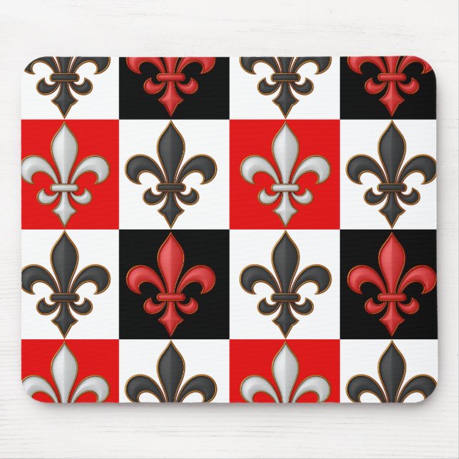 Red Black White Checkered Fleur-de-lis Design  Mouse Pad (Front)