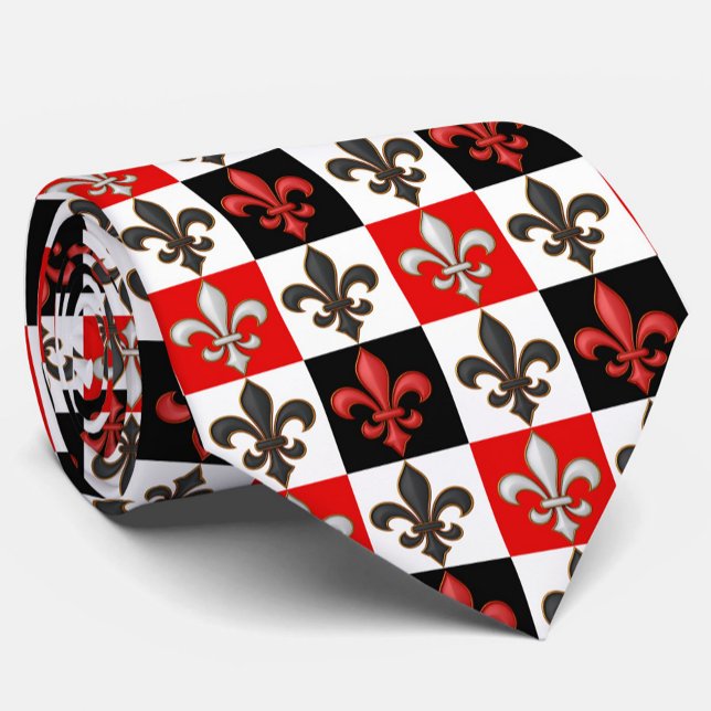 Red Black White Checkered Fleur-de-lis Design  Neck Tie (Creator Uploaded)