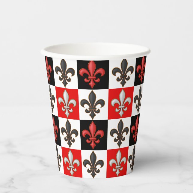 Red Black White Checkered Fleur-de-lis Design  Paper Cups (Front)
