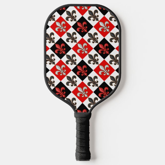 Red Black White Checkered Fleur-de-lis Design  Pickleball Paddle (Front)
