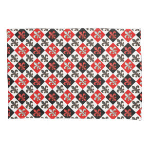 Red Black White Checkered Fleur-de-lis Design  Pillow Case