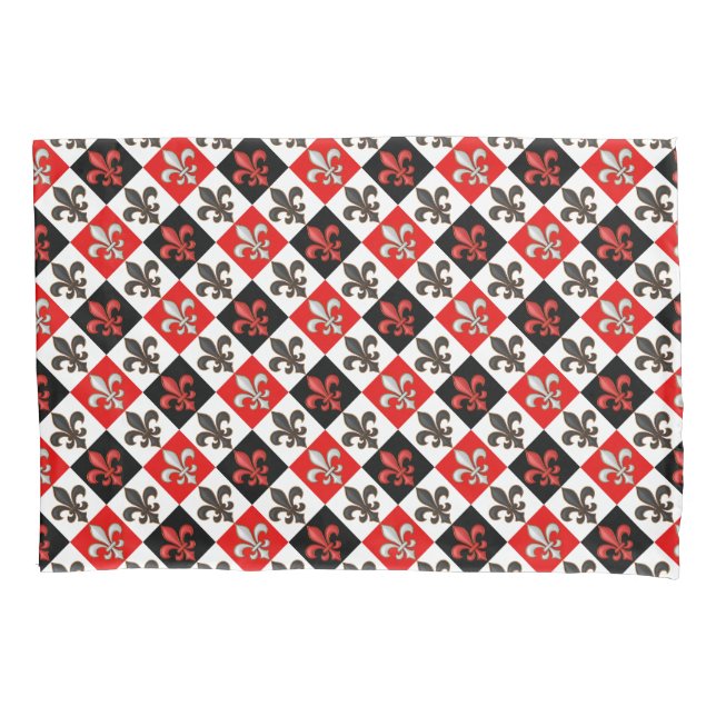 Red Black White Checkered Fleur-de-lis Design  Pillow Case (Front)