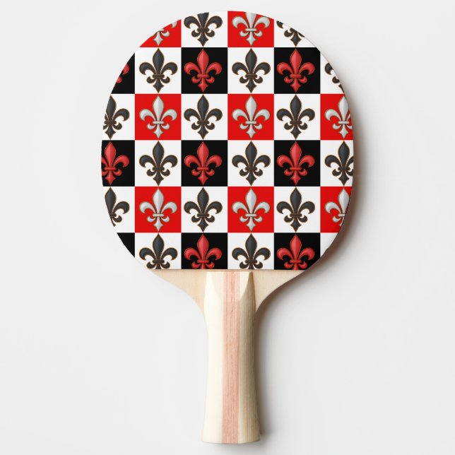 Red Black White Checkered Fleur-de-lis Design  Ping Pong Paddle (Front)