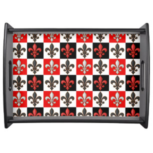 Red Black White Checkered Fleur-de-lis Design Serving Tray
