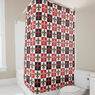 Red Black White Checkered Fleur-de-lis Design Shower Curtain