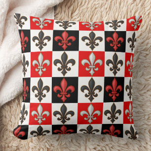 Red Black White Checkered Fleur-de-lis Design  Throw Pillow