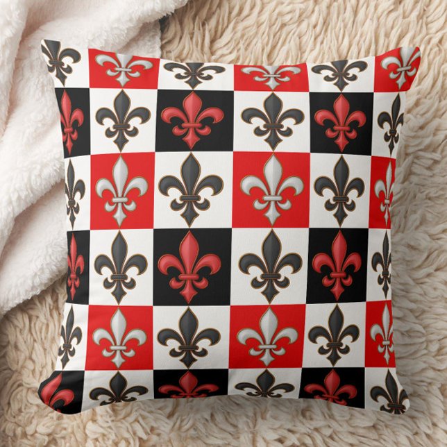 Red Black White Checkered Fleur-de-lis Design  Throw Pillow (Creator Uploaded)