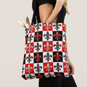Red Black White Checkered Fleur-de-lis Design  Tote Bag