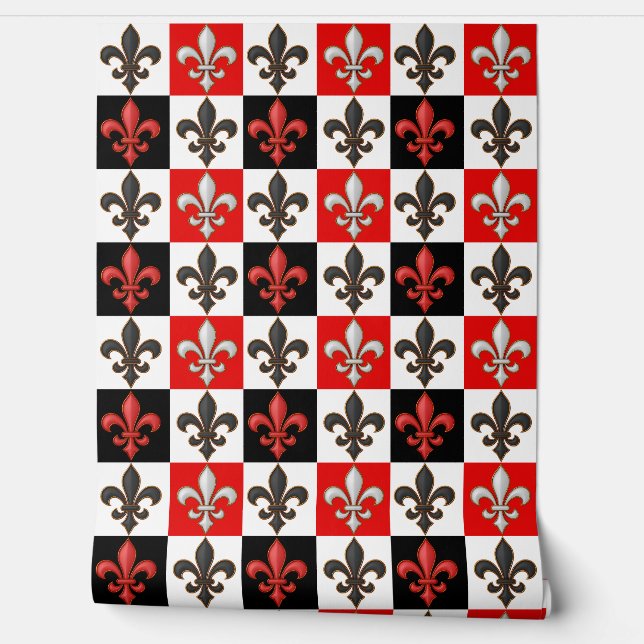 Red Black White Checkered Fleur-de-lis Design  Wallpaper (Unrolling)