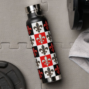 Red Black White Checkered Fleur-de-lis Design Water Bottle