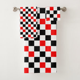Red Black White Checkered Pattern Design Bath Towel Set
