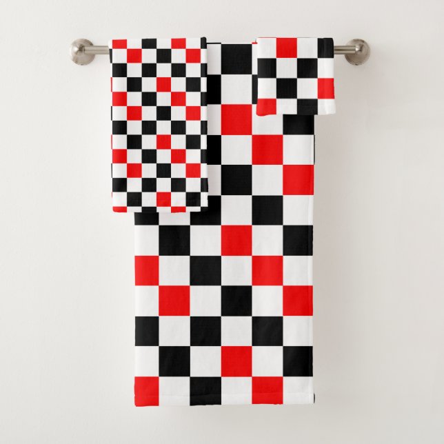 Red Black White Checkered Pattern Design  Bath Towel Set (Insitu)