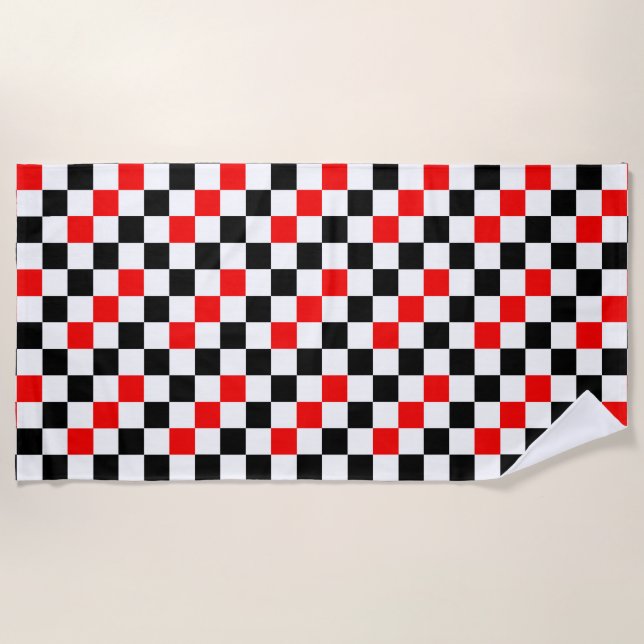 Red Black White Checkered Pattern Design  Beach Towel (Front)