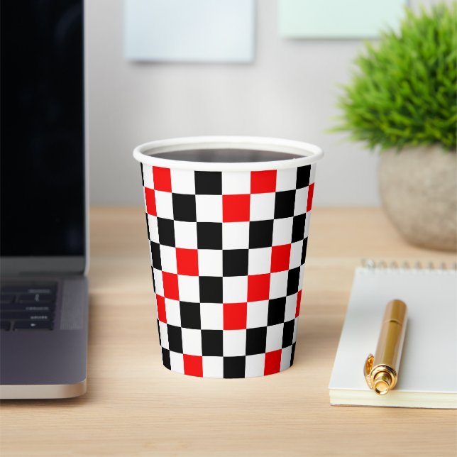 Red Black White Checkered Pattern Design  Paper Cups (Insitu)