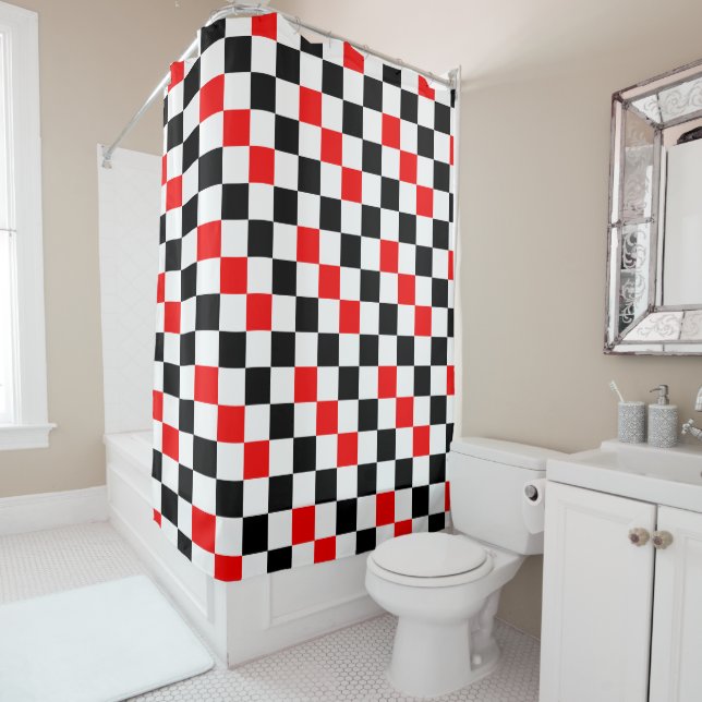 Red Black White Checkered Pattern Design  Shower Curtain (In Situ)