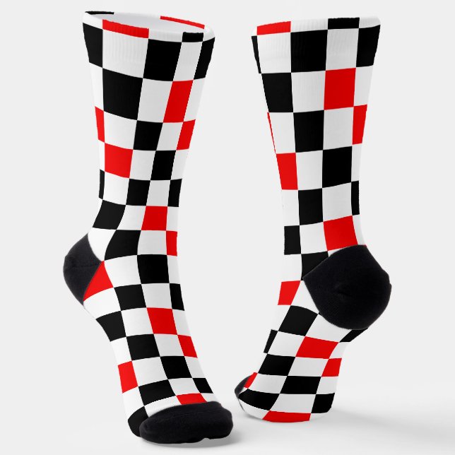 Red Black White Checkered Pattern Design  Socks (Angled)