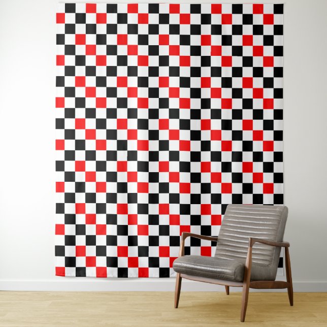 Red Black White Checkered Pattern Design  Tapestry (In Situ)