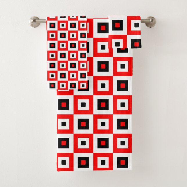Red Black White Checkered Squares Pattern Design Bath Towel Set (Creator Uploaded)