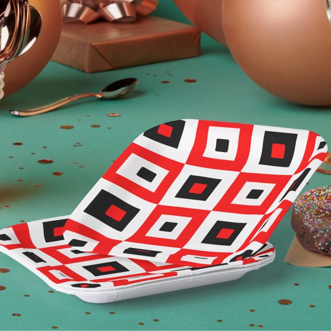 Red Black White Checkered Squares Pattern Design Paper Plates (Creator Uploaded)