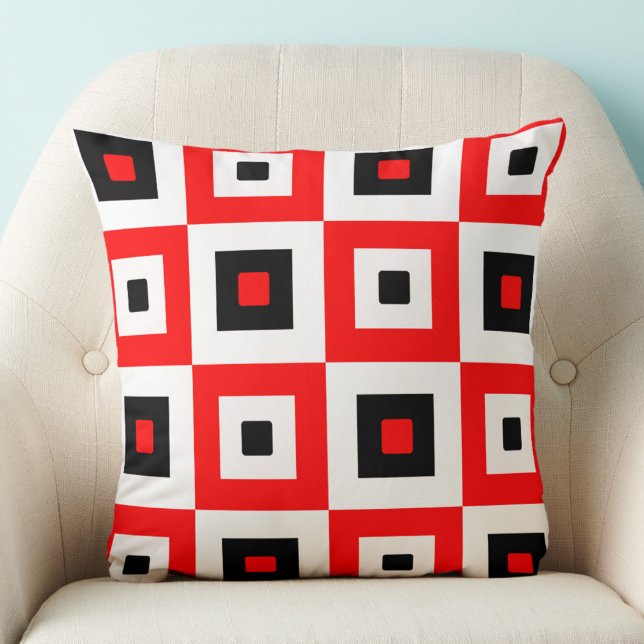 Red Black White Checkered Squares Pattern Design Throw Pillow (Creator Uploaded)