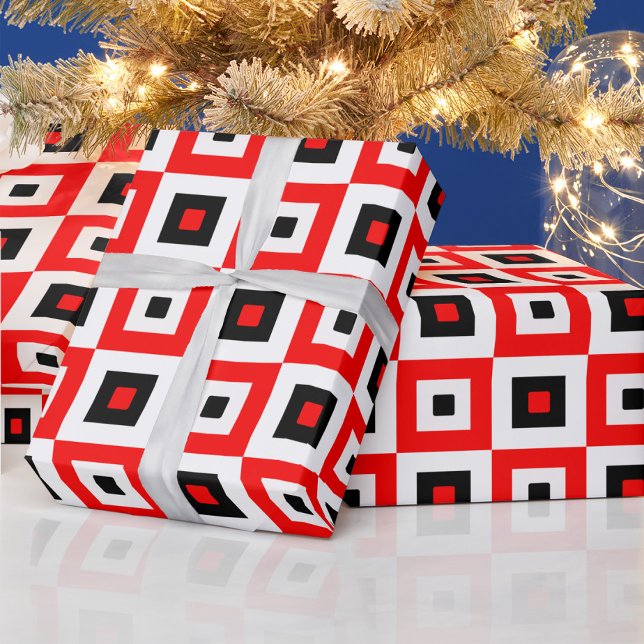 Red Black White Checkered Squares Pattern Design Wrapping Paper (Creator Uploaded)