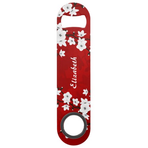 Red Black White Cherry Blossoms Monogram Bar Key