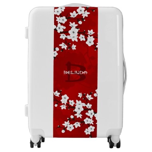 Red Black White Cherry Blossoms Monogram  Luggage