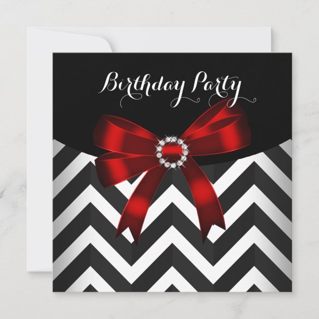 Red Black White Chevron Stripe Birthday Party (3) Invitation (Front)