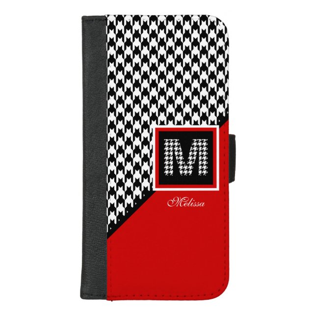 Red Black White Classic Houndstooth Monogram iPhone Wallet Case (Front)