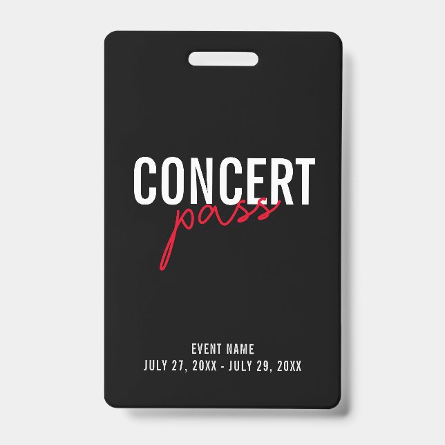 Red Black & White Concert Pass Custom ID Badge (Front)