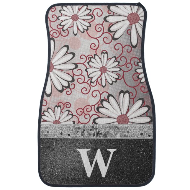 Red Black White Daisy Glitter Monogrammed Classic Car Floor Mat (Front)